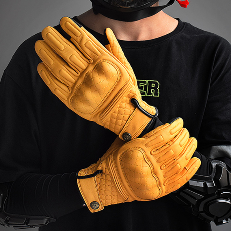Motorcycle Gear Up - レトロレザーオートバイグローブフルフィンガーイエローバイクレーシンググローブタッチスクリーングアンテモト保護具