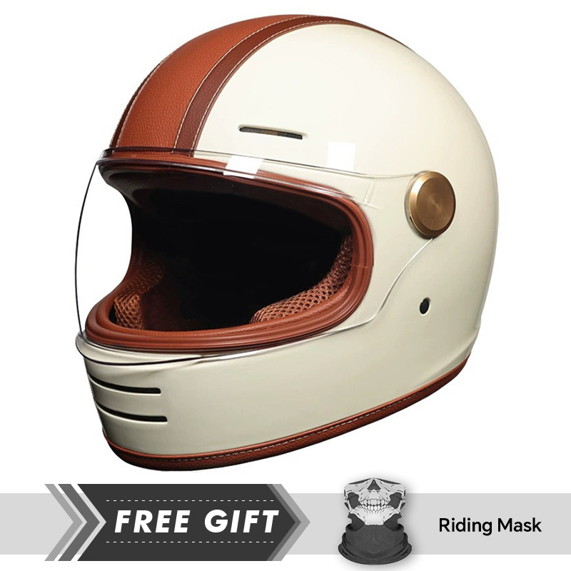 Motorcycle Gear In Store - DOT承認済みレトロレザーフルフェイスオートバイヘルメット、クリアレンズ、オフロード対応、ABS素材、安全性強化