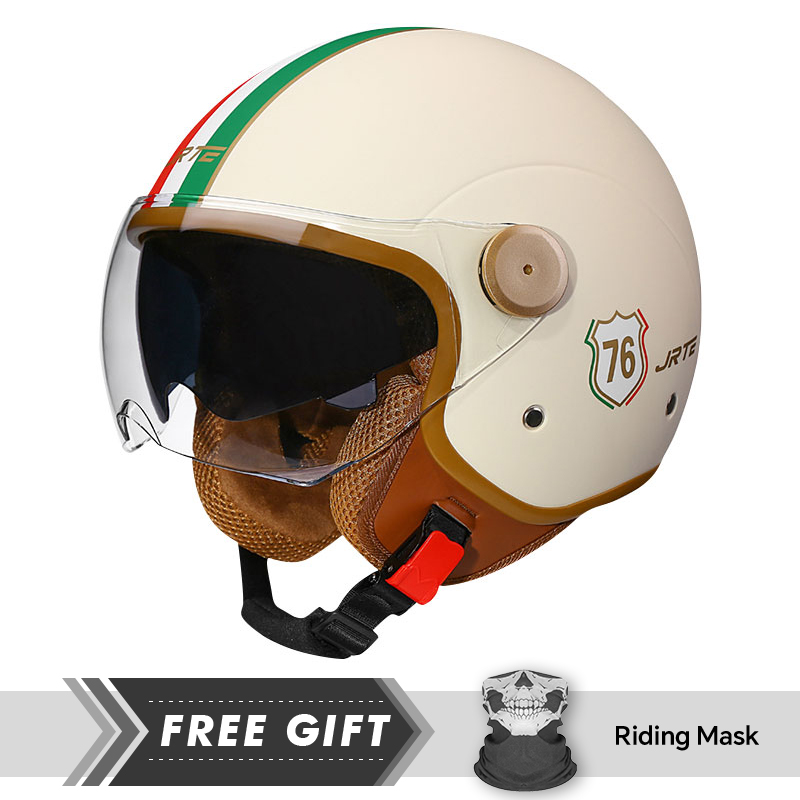 Motorcycle Gear In Store - 男女兼用ダブルレンズオートバイヘルメットレトロ3/4オープンフェイスヘルメットビンテージ電動スクーターABSシェルモトジェットヘルメットDOT承認済み