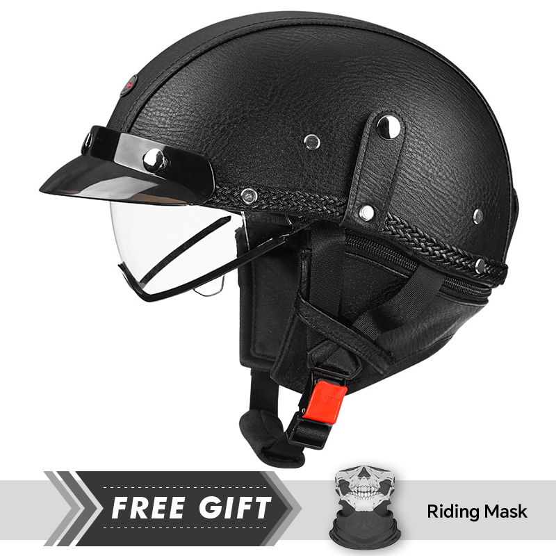Motorcycle Gear In Store - メンズレトロオートバイハーフヘルメットブラックレザーオープンハーフヘルメットDOT認証1/2ハーフフェイスヘルメットビンテージカスコスパラモト