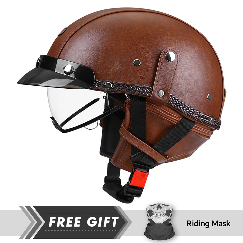 メンズレトロオートバイハーフヘルメットブラックレザーオープン - Motorcycle Gear In Store のレビューと価格